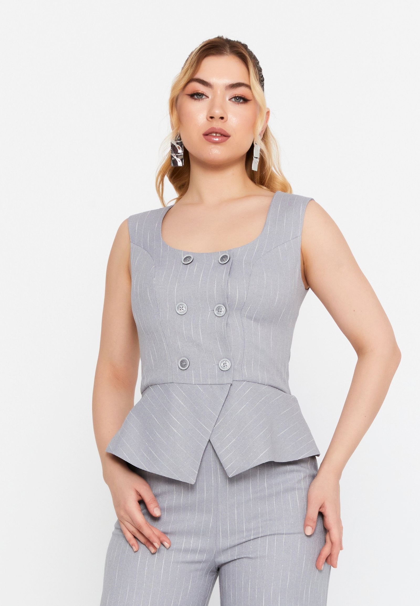 Sterling Pinstripe Peplum Jumpsuit